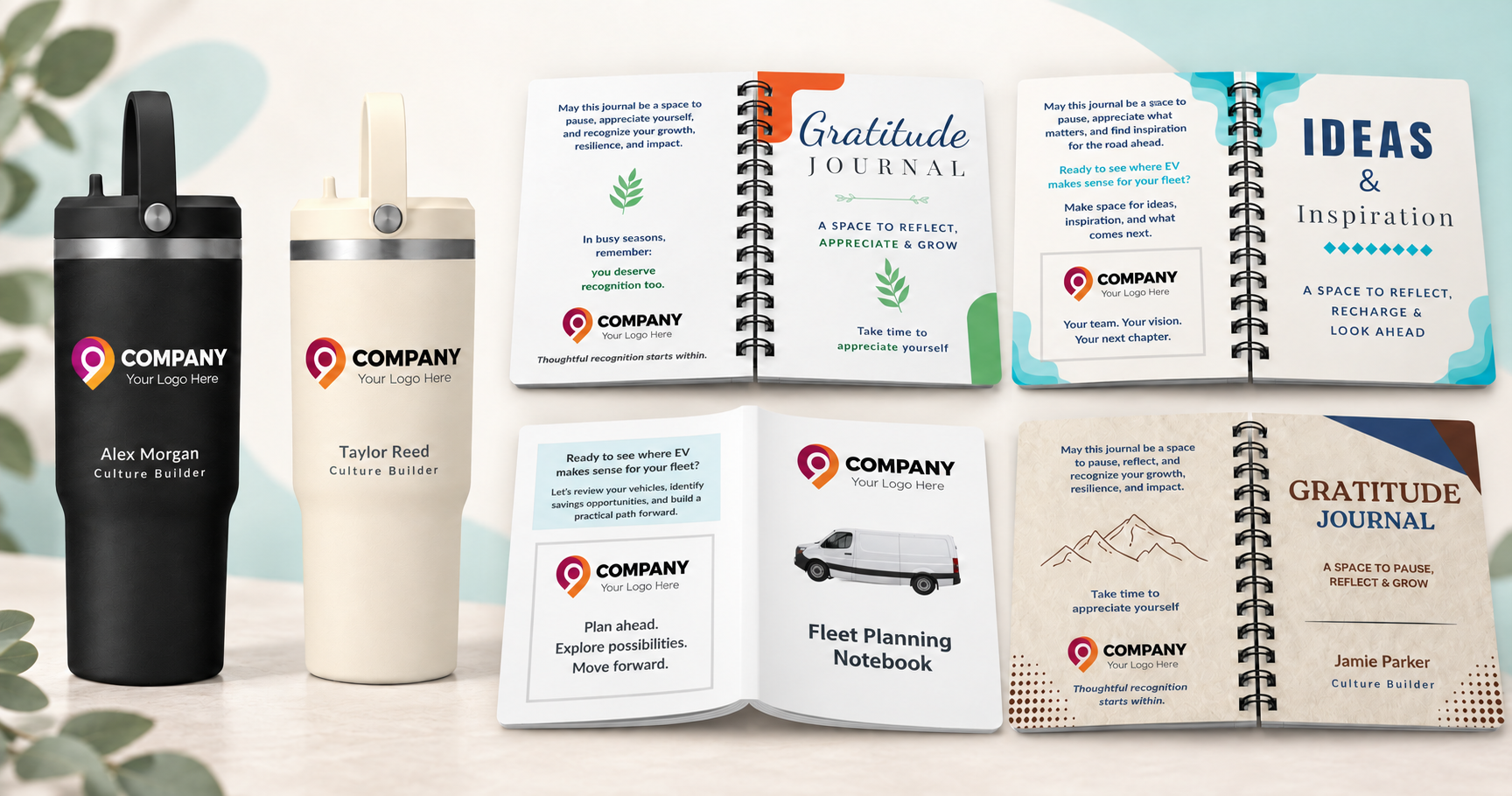 Custom branded drinkware, journals, and notebooks showing design examples with placeholder logos and names