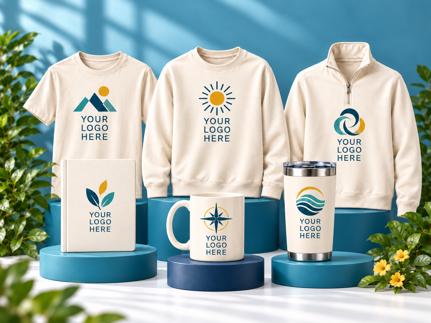 Lotus Inspirations custom branded merchandise including apparel, journals, mugs, and drinkware